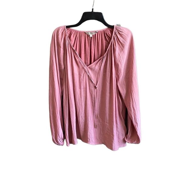 Liverpool Pink Pleated Long Sleeve Blouse with Split Neck That Ties. Size Large - Picture 3 of 8